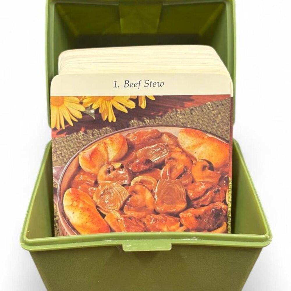 Vintage1972 Marjon Promotions Dinner Is Served Recipe Box Cards Avocado Green